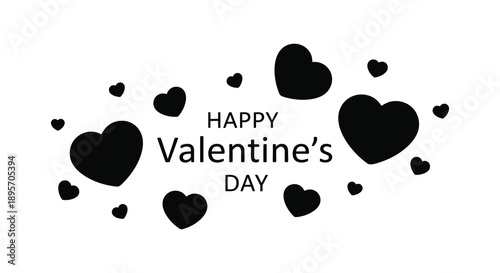 A minimalist graphic depicts black heart shapes surrounding the text happy valentine s day on white high quality professional