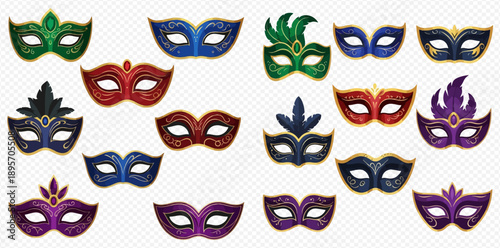 Collection of vibrant Venetian masquerade masks with ornate details for carnival and festive celebrations.