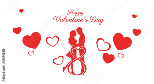 A romantic valentine s day illustration featuring a couple embracing amidst a scattering of vibrant red and pink hearts