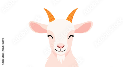 Cute cartoon goat face, smiling, isolated on white background, illustration