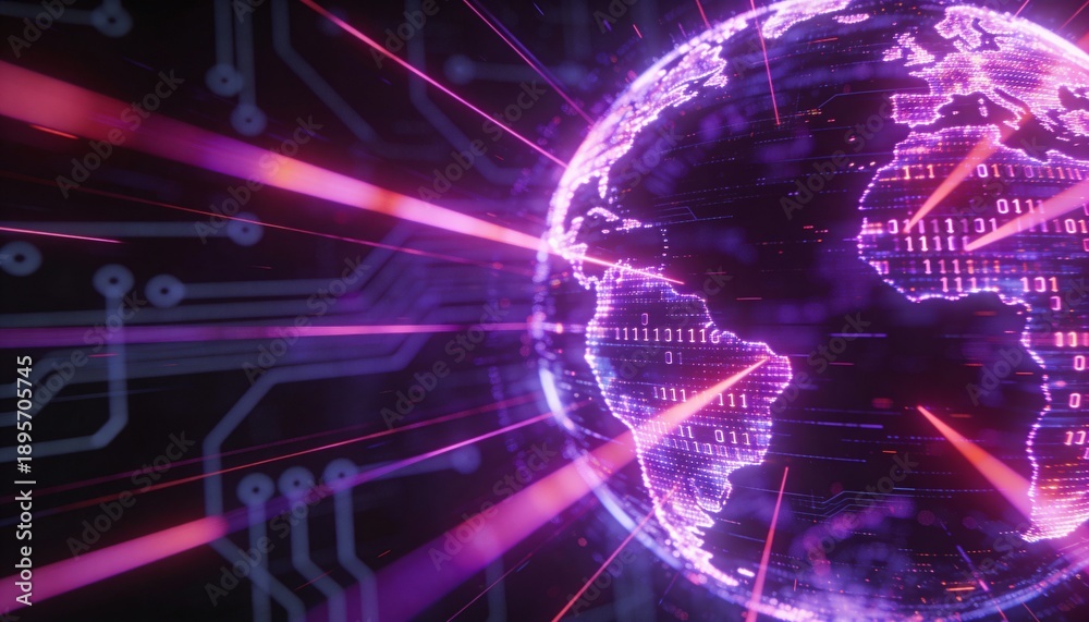 Obraz premium Futuristic Purple Neon Earth Globe with Binary Code Matrix. Global Digital Network Connection and Big Data Concept. Abstract High Tech Cyberspace Background 3D Illustration