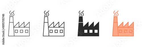 Set of minimalist factory icons with transparent background, depicting industrial buildings, manufacturing plants, production facilities, and urban infrastructure, vector illustration