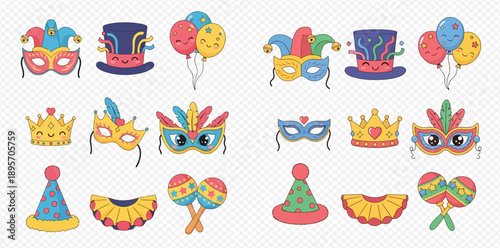 Colorful collection of carnival and party elements including masks, hats, balloons, crowns, and maracas, perfect for festive celebrations.