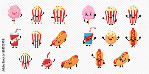 Cute cartoon fast food characters set with popcorn, hot dogs, cotton candy, and soda drinks waving hello.