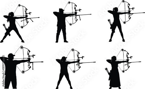 Archery silhouettes set, male and female archers aiming with compound bows, black and white vector illustration for sport training and competition design