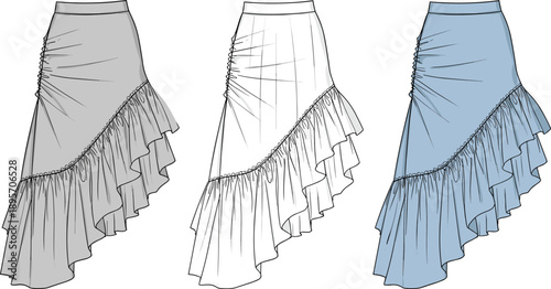 Women’s asymmetrical ruffle skirt fashion illustration with high waist design, layered flounce hem, technical flat sketch in color and outline views