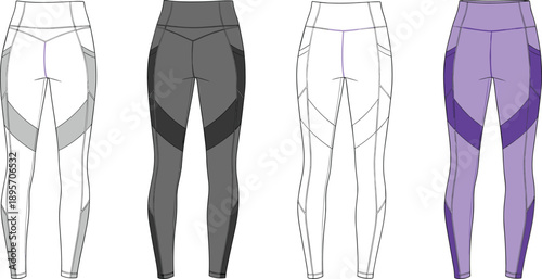 Women’s athletic leggings fashion illustration set with high waist panel design flat technical sketch in four color variations