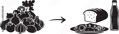 Food preparation process vector icon: fresh vegetables transforming into cooked meal, bread, and drink bottle, isolated on white