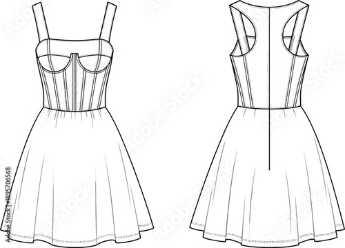 Women’s corset bodice dress technical fashion illustration with front and back view flat design isolated on white background