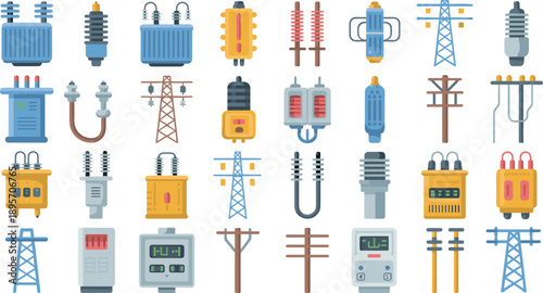 Electric power equipment icon set vector illustration featuring transformers insulators pylons substations transmission lines industrial energy infrastructure systems utility collection