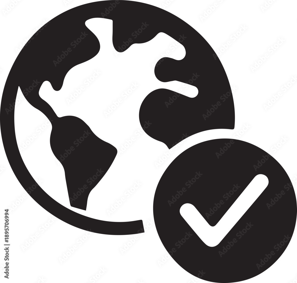 Obraz premium Black vector globe icon with check mark, earth world map symbol, global success concept isolated on white