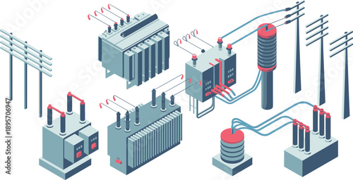 Electric power substation equipment vector illustration showing transformers insulators switchgear transmission lines industrial energy distribution system design