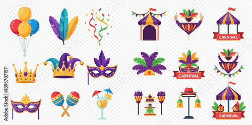 Mardi Gras and Carnival celebration elements including masks, feathers, balloons, and festive decorations.