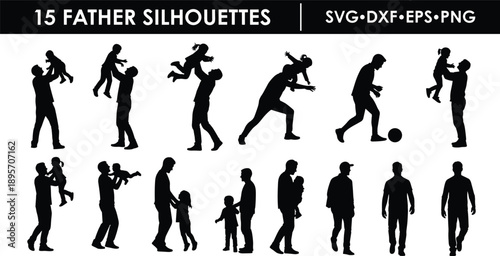 Father and child silhouettes collection, dads playing, holding and bonding with kids, black and white vector illustration set for family and parenting design