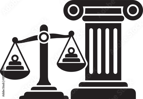 Justice scales and ancient column vector illustration, law and order symbol, legal system icon, isolated on white