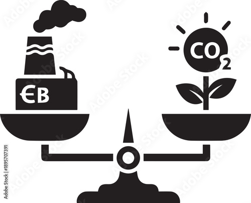 Vector icon of factory emissions and CO2 absorption plant on a balance scale, environmental cost concept, isolated on white