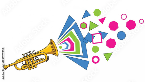 Colorful trumpet illustration bursting with geometric shapes and confetti in a vibrant graphic design.