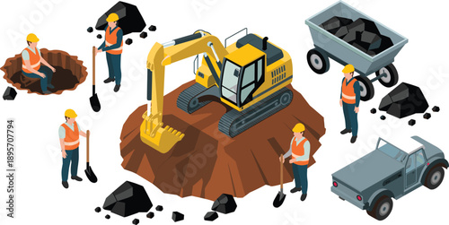 Isometric construction excavation illustration showing workers digging pit with excavator truck tools and teamwork at industrial earthworks site