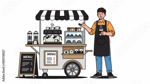 Friendly street food vendor with a compact cart offering snacks and beverages for passersby.