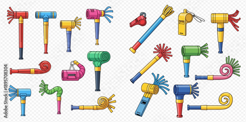 Collection of colorful party blowers, noisemakers, and whistles for celebrations and festive occasions.