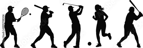 Sports player silhouettes set, athletes playing tennis, baseball, golf and running, black and white vector illustration for fitness and competition design