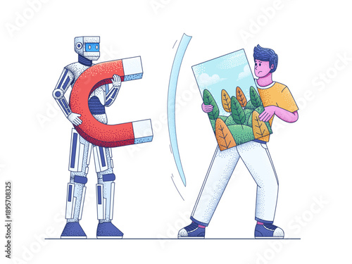 Vector illustration of an AI robot attempting to collect training data from a human artist.This visual perfectly represents the controversy between human artists and AI, and copyright infringement.