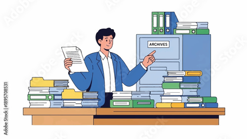 Busy office scene with a man surrounded by piles of books at a cluttered desk.