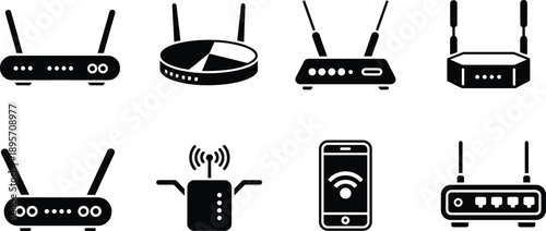 Wireless router and WiFi device icon set showing modem antenna smartphone network symbols black vector illustration for modern internet technology