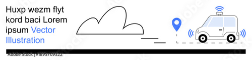 Smart transportation, GPS tracking, wireless connectivity, future mobility, navigation systems, sustainable transit. An autonomous vehicle with GPS marker and wireless signals. Smart transportation