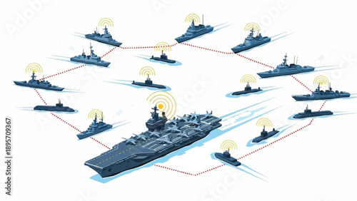 Naval Battle Scene with a Large Warship and Multiple Smaller Vessels on the Sea.