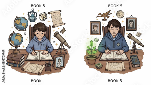 An Organized Study Scene with a Student at a Cluttered Desk Surrounded by Books, Globe, and Plant.