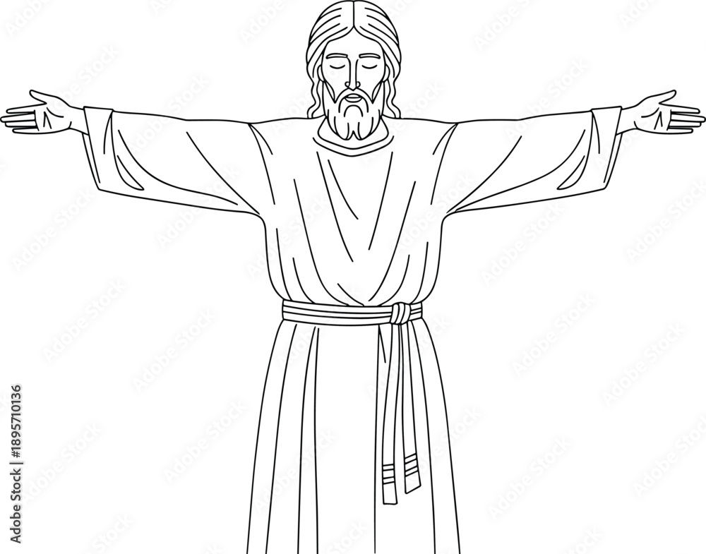 Fototapeta premium Black and white line drawing of spiritual figure with robe, beard, long hair, arms extended, religious blessing illustration design