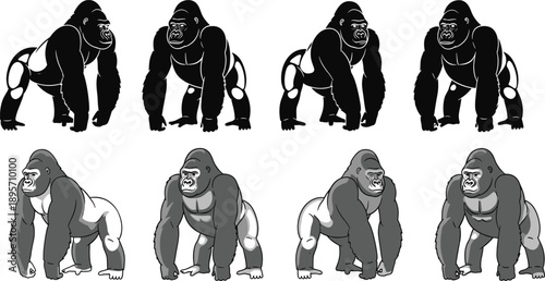 Black and white gorilla illustration set showing stylized and realistic versions, animal artwork, wildlife design, artistic comparison concept