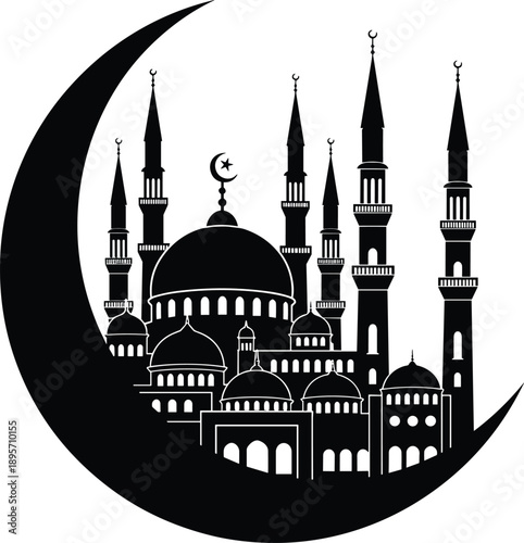 Black and white mosque silhouette enclosed in crescent moon with domes, minarets, star symbol, Islamic cultural heritage design