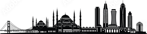 Black and white silhouette illustration of Istanbul skyline with Bosphorus Bridge, Hagia Sophia, Blue Mosque and modern skyscraper architecture