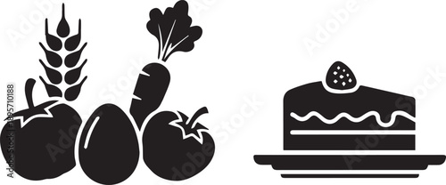 Food icons vector set: wheat, tomato, egg, carrot, and strawberry cake slice, black glyphs isolated on white