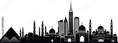 Black and white silhouette illustration of Middle Eastern skyline with pyramids, mosques, minarets and modern skyscrapers symbolizing heritage and progress