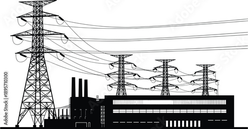 Black silhouette illustration of electrical power plant with smokestacks, transmission towers, high-voltage power lines, industrial energy infrastructure design
