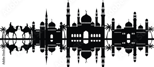 Black silhouette illustration of Islamic mosque with domes and minarets, palm trees, camels and desert reflection symbolizing culture and heritage