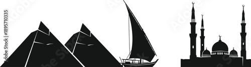 Black Silhouette Vector Illustration of Egyptian Giza Pyramids Traditional Nile Felucca Sailboat and Iconic Islamic Mosque Architecture on White Background