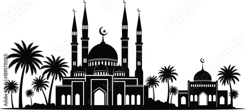 Black Silhouette Vector of Islamic Mosque Architecture Surrounded by Palm Trees for Ramadan Kareem Eid Mubarak and Middle Eastern Travel Designs