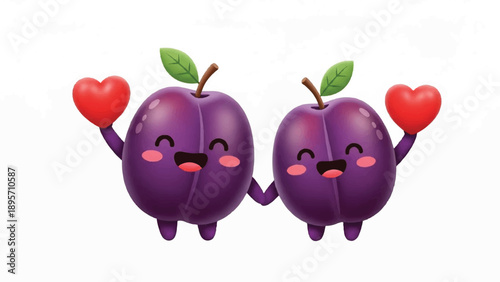 Two cheerful animated plums hold hearts in a lovestruck celebration.