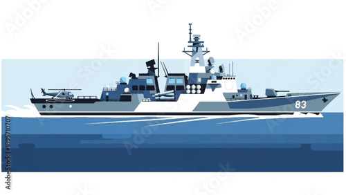 Large naval patrol boat sailing on calm blue sea with horizon and distant coastline.