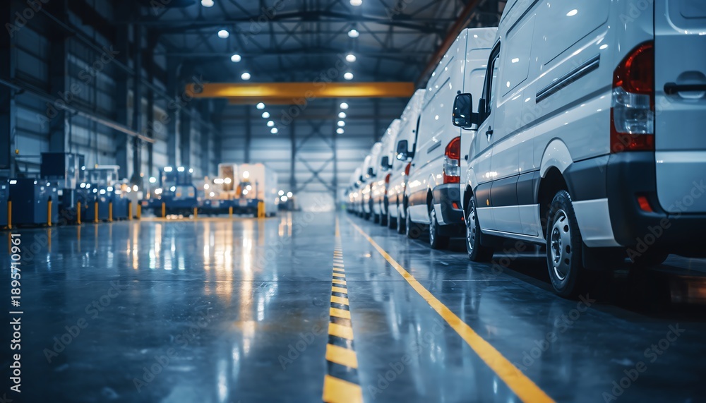 © AntariCode - Row of White Delivery Vans Parked in a Modern Industrial Warehouse Interior © AntariCode - Row of White Delivery Vans Parked in a Modern Industrial Warehouse Interior