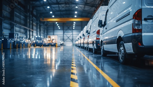 Row of White Delivery Vans Parked in a Modern Industrial Warehouse Interior