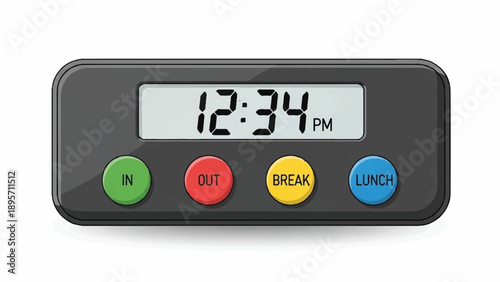 Digital employee time clock with labeled control buttons.