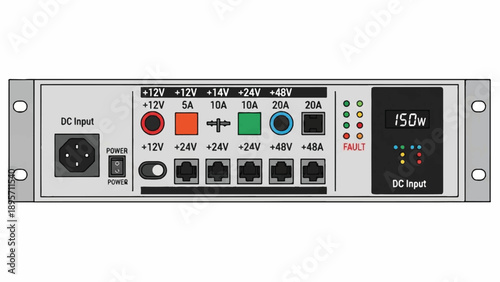 Rackmount electrical power distribution unit with multiple outlets and indicators.