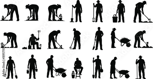 Large Set of Black Vector Silhouettes Featuring Male and Female Gardeners Planting Digging and Using Wheelbarrows for Agricultural Landscaping and Backyard Garden Design Projects.