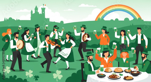 St patrick's day celebration with people dancing and feasting outdoors under a rainbow irish culture festival