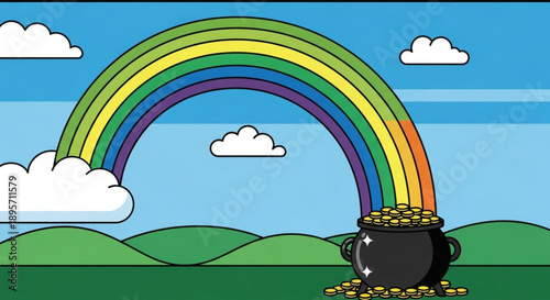 Colorful cartoon rainbow ending at a black pot filled with gold coins on a green landscape